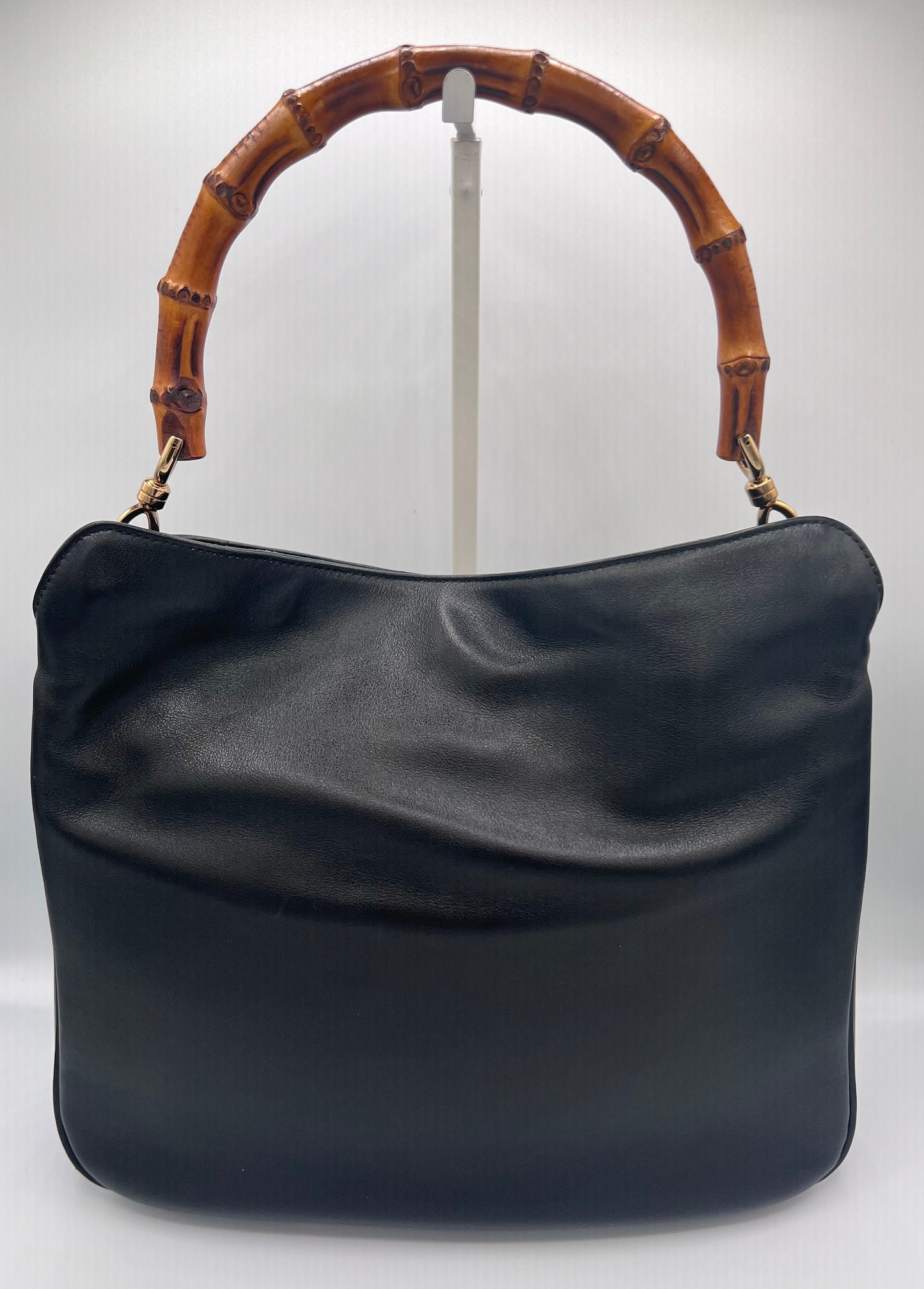 Vintage Gucci Black Leather Shoulder Bag with Bamboo Handle