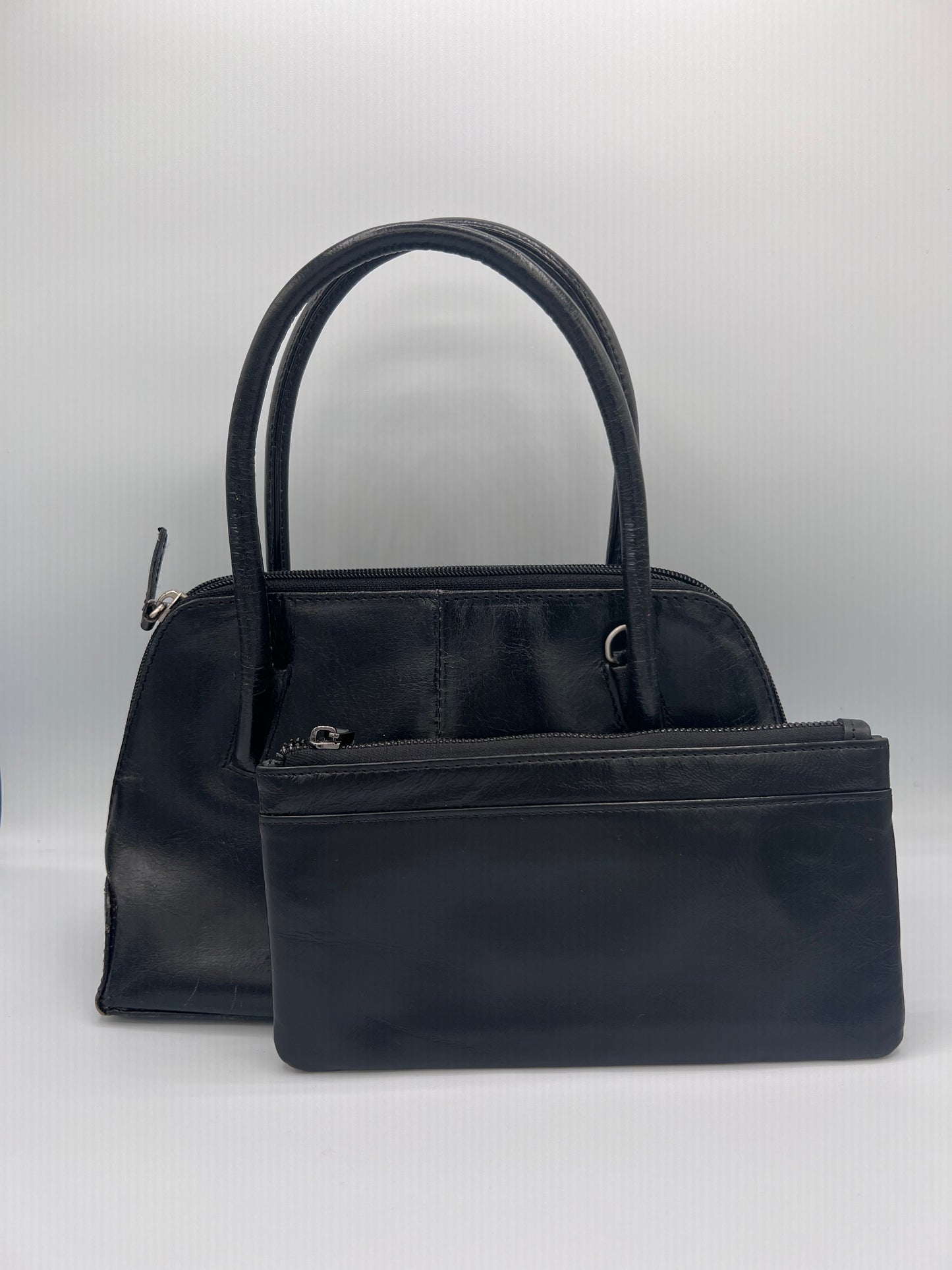 Vintage Black Leather Handle Bag with Wallet